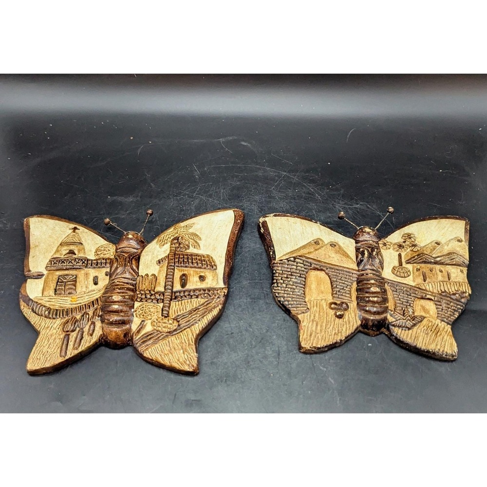 Set/2 Vintage Art Pottery Wall Hanging Butterfly Brown Buildings 7.5" Decor